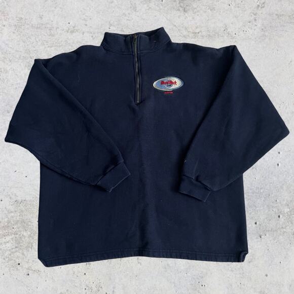 Vintage Navy Medium Hard Rock Café Boston 1/4 zip Pull Over - Picture 1 of 8